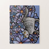 Keukenkat Paarse Daisies Gray Cat Gray Cats Legpuzzel (Verticaal)