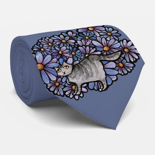 Keukenkat Paarse Daisies Gray Cat Gray Cats Stropdas (Opgerold)