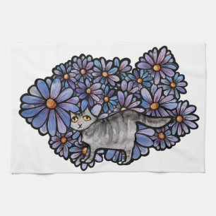 Keukenkat Paarse Daisies Gray Cat Gray Cats Theedoek