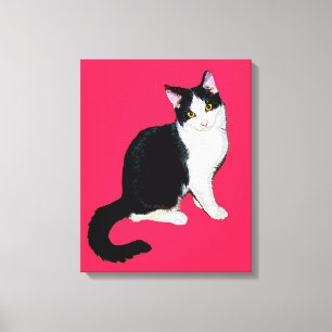 Keukenkat, zwart en wit, warm roze canvas afdruk