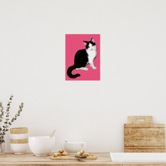 Keukenkat, zwart en wit, warm roze poster (Keuken)