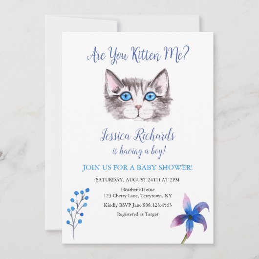 Keukenkattenkatje blauw paars baby shower kaart (Voorkant)