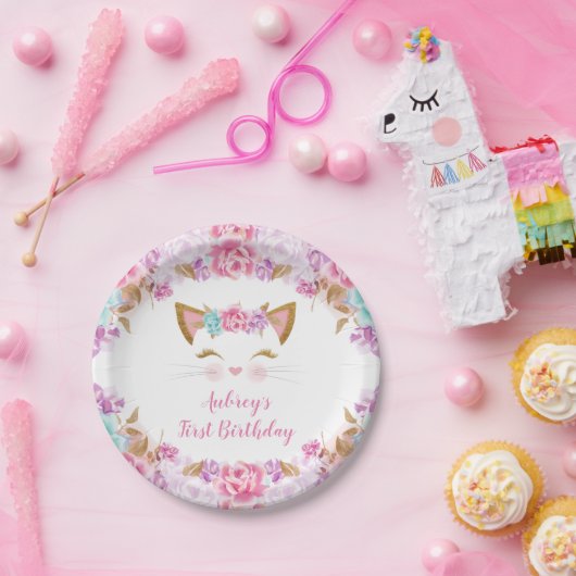 Keukenkattenroze paars blauwgroen papieren bordje (Feest)