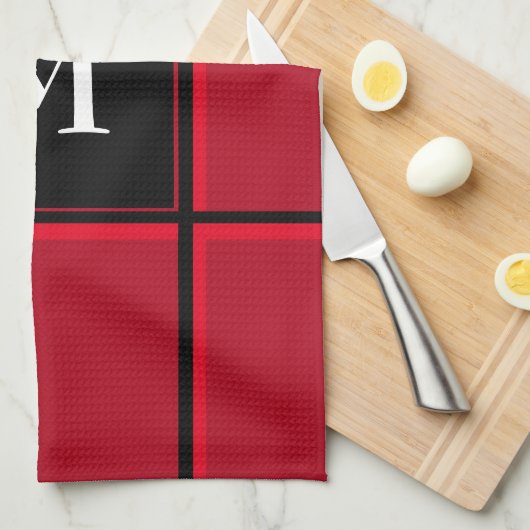 Keukenkeuken met enkel Initiaal, rood en zwart Theedoek (Quarter Fold)
