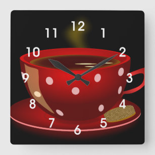 Keukenklok met rode thee of met koffie vierkante klok