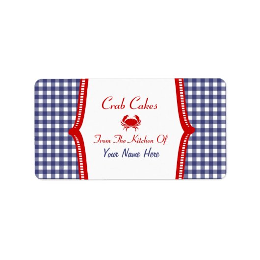 Keukenlabel - Blauw Gingham en rood "Krab Cakes" Etiket (Voorkant)