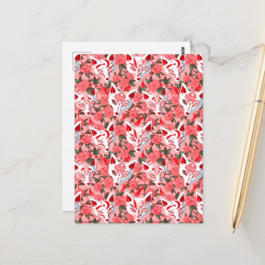 Keukenmaskers en bloeiende camellia op roze briefkaart (Voorkant / Achterkant in situ)