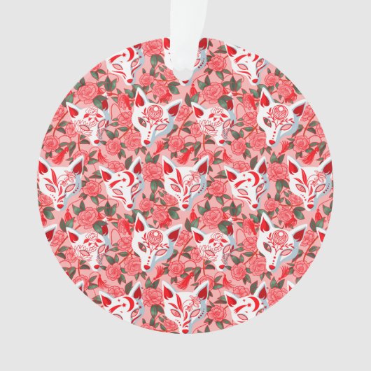 Keukenmaskers en bloeiende camellia op roze ornament (voorkant)