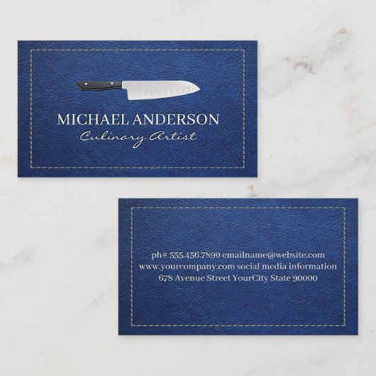 Keukenmes | Gestikte Blauwe Leer Visitekaartje (Voorkant / Achterkant)