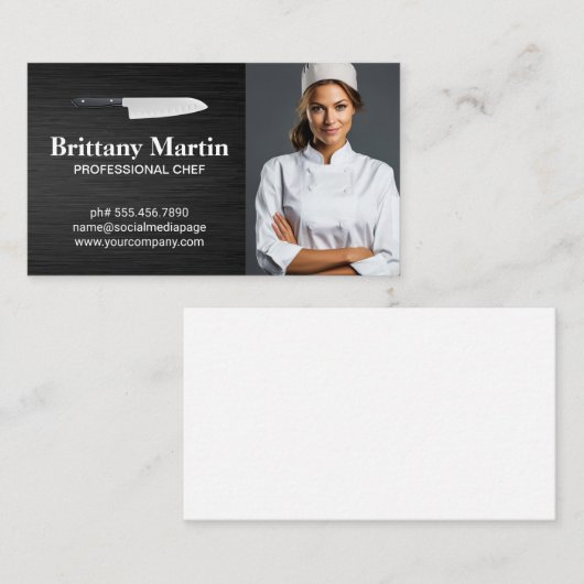 Keukenmeslogo | Vrouwelijke Chef Lachend Visitekaartje (Voorkant / Achterkant)