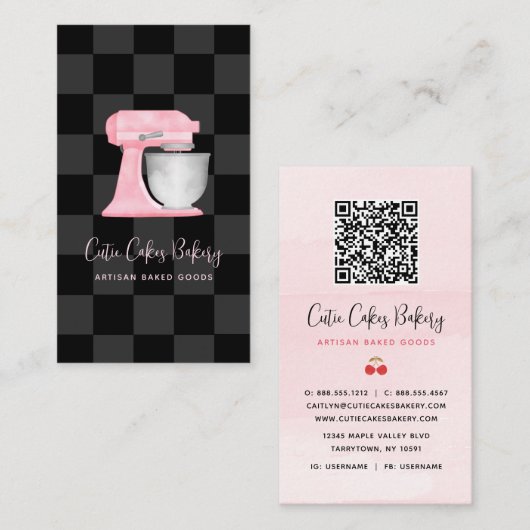 Keukenmixer Blush Roze Zwart Geruit QR Code Visitekaartje (Voorkant / Achterkant)