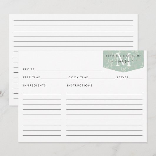 Keukenmonogram Blauwgroen Floral Foliage Recipe (Voorkant / Achterkant)