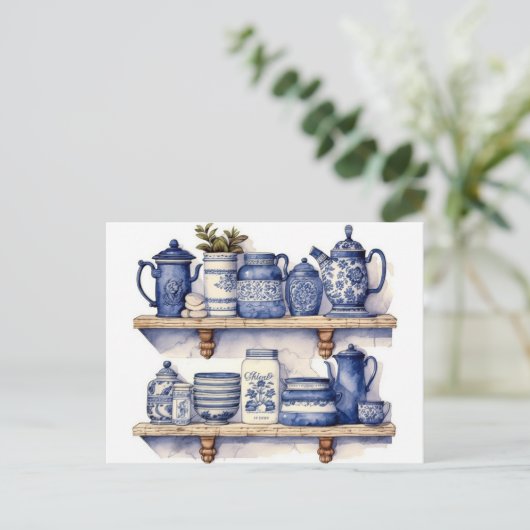  keukenplank Blauw Wit Gerechten Theekoffie Briefkaart (Staand voorkant)