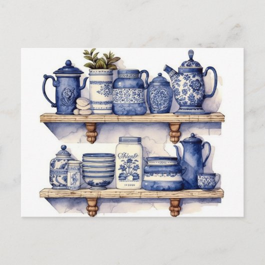  keukenplank Blauw Wit Gerechten Theekoffie Briefkaart (Voorkant)