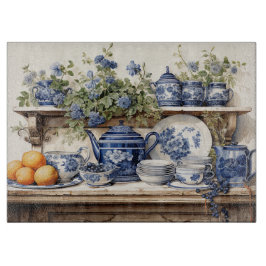 Keukenplank Blauw Witte gerechten Sinaasappels Snijplank