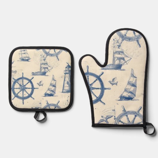 Keukenset met mariene elementen ovenwant & pannenlap set (Voorkant)