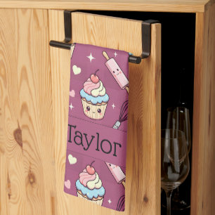 Keukentheedoek Kawaii Roze Paarse Cupcake  Theedoek