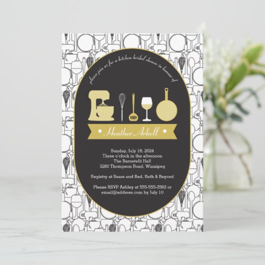 Keukenthema Bridal Shower Uitnodigingen zwart goud (Staand voorkant)