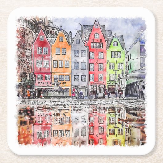 Keulen Duitsland Hand getrokken Waterverf schets Kartonnen Onderzetters (Voorkant)