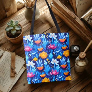 Keurig Blauw Bloemmotief – Speelse Botanische Prin Tote Bag