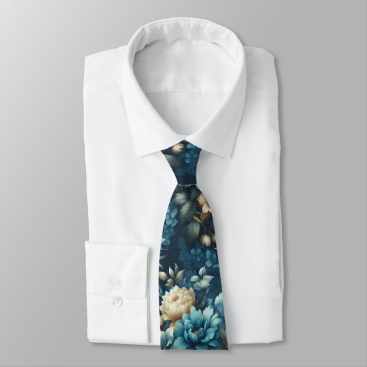 Keurig blauw en delicate crème bloemen stropdas (Gebonden)