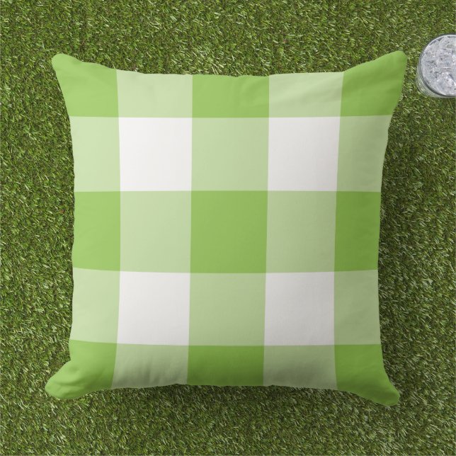 Keurig limoengroen wit grote Gingham ruit Buitenkussen (Gras)