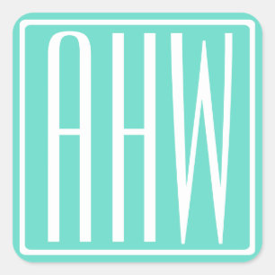 Keurig Modern 3 Initiaal Monogram   Wit Op Aqua Vierkante Sticker