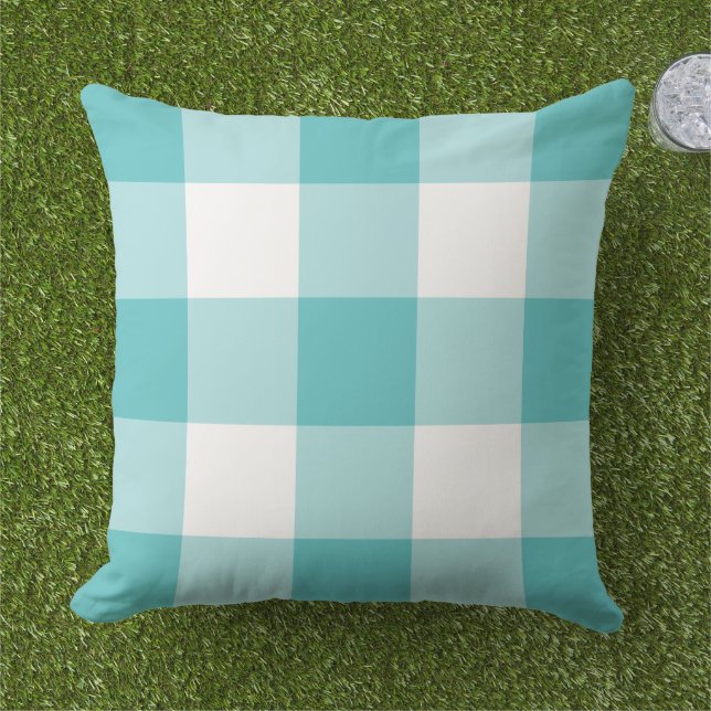 Keurig Turquoise Wit Grote Ginghamruit Buitenkussen (Gras)