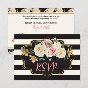 Keurig zwart, ivoorkleurige strepen, bloemen RSVP- RSVP Kaartje