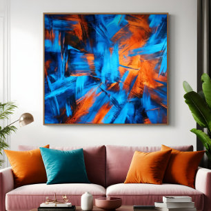Keurige Blauwe Oranje Abstracte Kwaststreek Poster