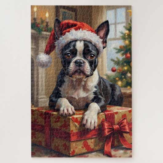 Keurige Boston Terrier Hond Kerst Cadeau Legpuzzel (Verticaal)