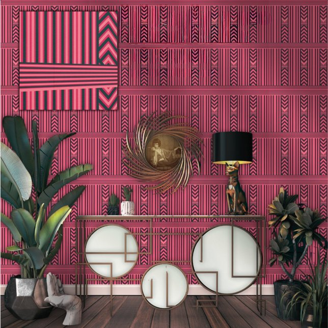 Keurige Fuchsia Zwarte Chevron Streep Luxe Behang (Creator heeft geüpload)
