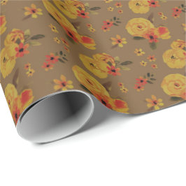 Keurige Gele Rozen en Herfstbloemen op Bruin Cadeaupapier