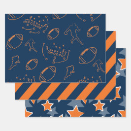 Keurige oranje en marineblauwe sterren en voetball inpakpapier vel