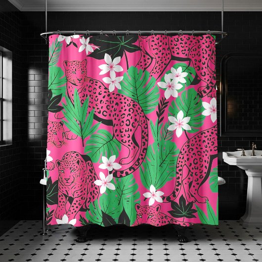 Keurige Roze Luipaard Tropisch Jungle Naadloos Pat Douchegordijn