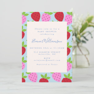 Keurige Strawberry Blauw Baby Shower Meisje Kaart