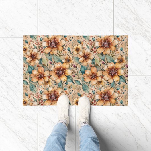Keurige Tane en Teal Bloemen Deurmat (Binnen)