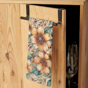 Keurige Tannige en Turkooizen Bloemen  Theedoek