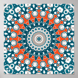 Keurige Teal- en Koraalrode Symmetrische Mandala Poster