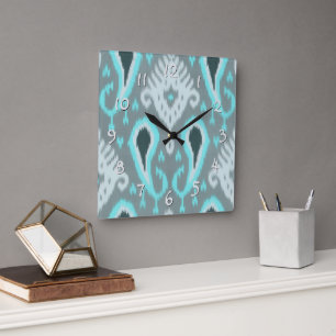 Keurige Turquoise Blauwgrijze Ikat Tribale Kunst P Vierkante Klok