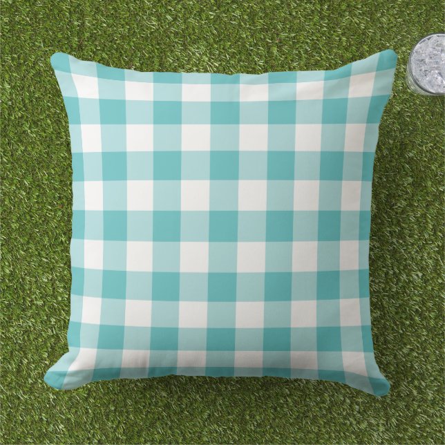 Keurige turquoise witte gingham ruitruit buitenkussen (Gras)
