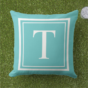 Keurige Turquoise Witte Vierkante Frame Monogram Buitenkussen