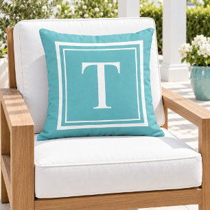 Keurige Turquoise Witte Vierkante Frame Monogram Buitenkussen