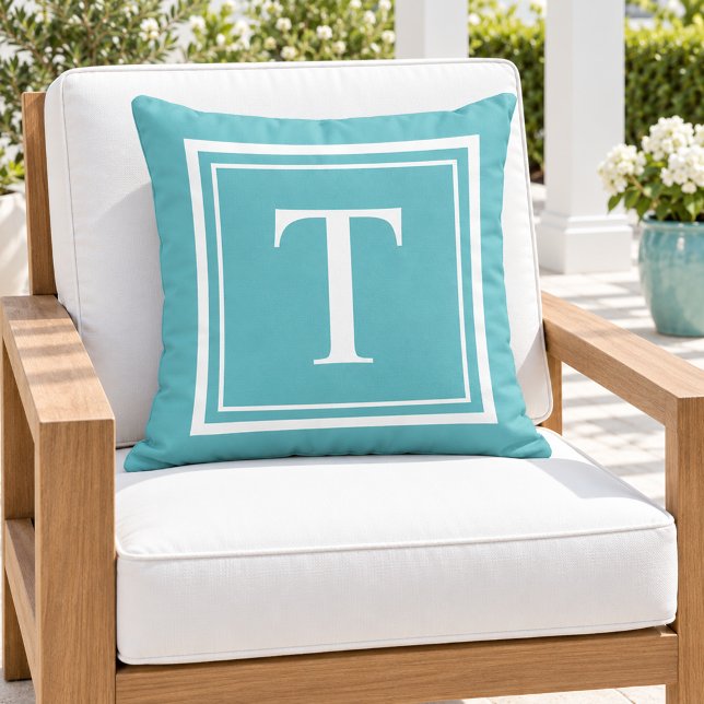 Keurige Turquoise Witte Vierkante Frame Monogram Buitenkussen (Creator heeft geüpload)