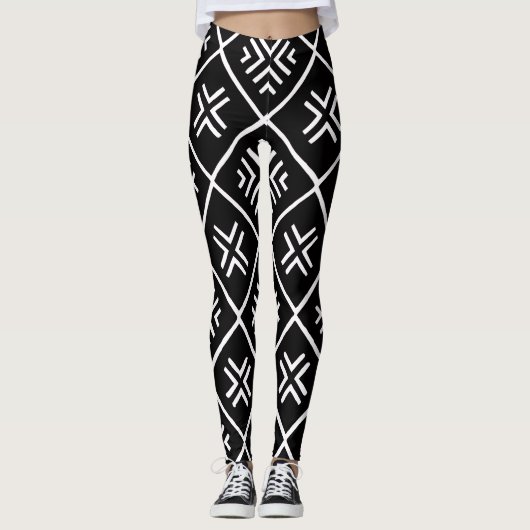 Keurige Zwarte en Witte Boho Leggings (Voorkant)