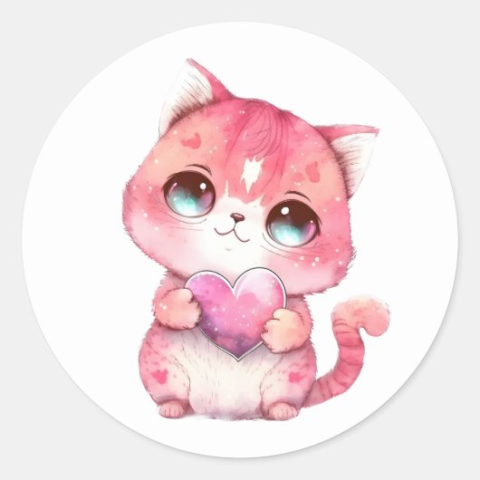 Keuten Valentijnse  Roze Waterverf Kat Love Ronde Sticker (Voorkant)