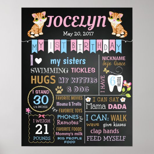 Keuty Cat First 1st Birthday party-bord bord Poster (Voorkant)