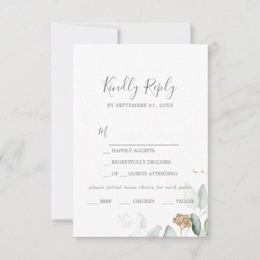 Keuze RSVP-kaart in het menu Airy Greenery en Gold (Voorkant)