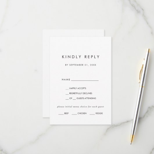 Keuze RSVP-kaart voor Chic Typography Menu (Voorkant / Achterkant in situ)