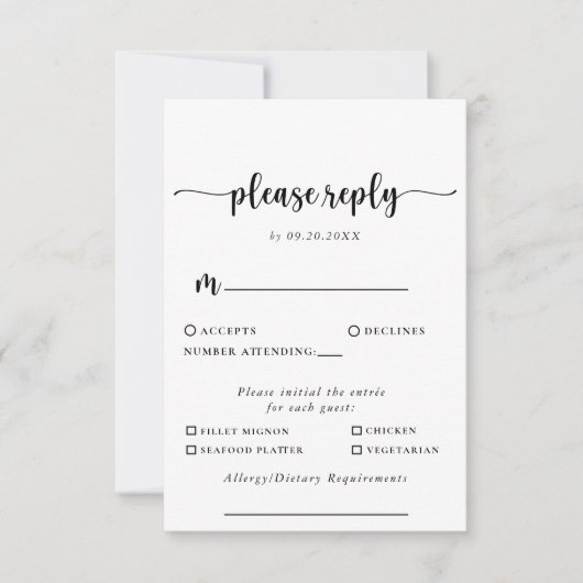 Keuze uit het Klassieke weddenschapsmenu Calligraf RSVP Kaartje (Voorkant)